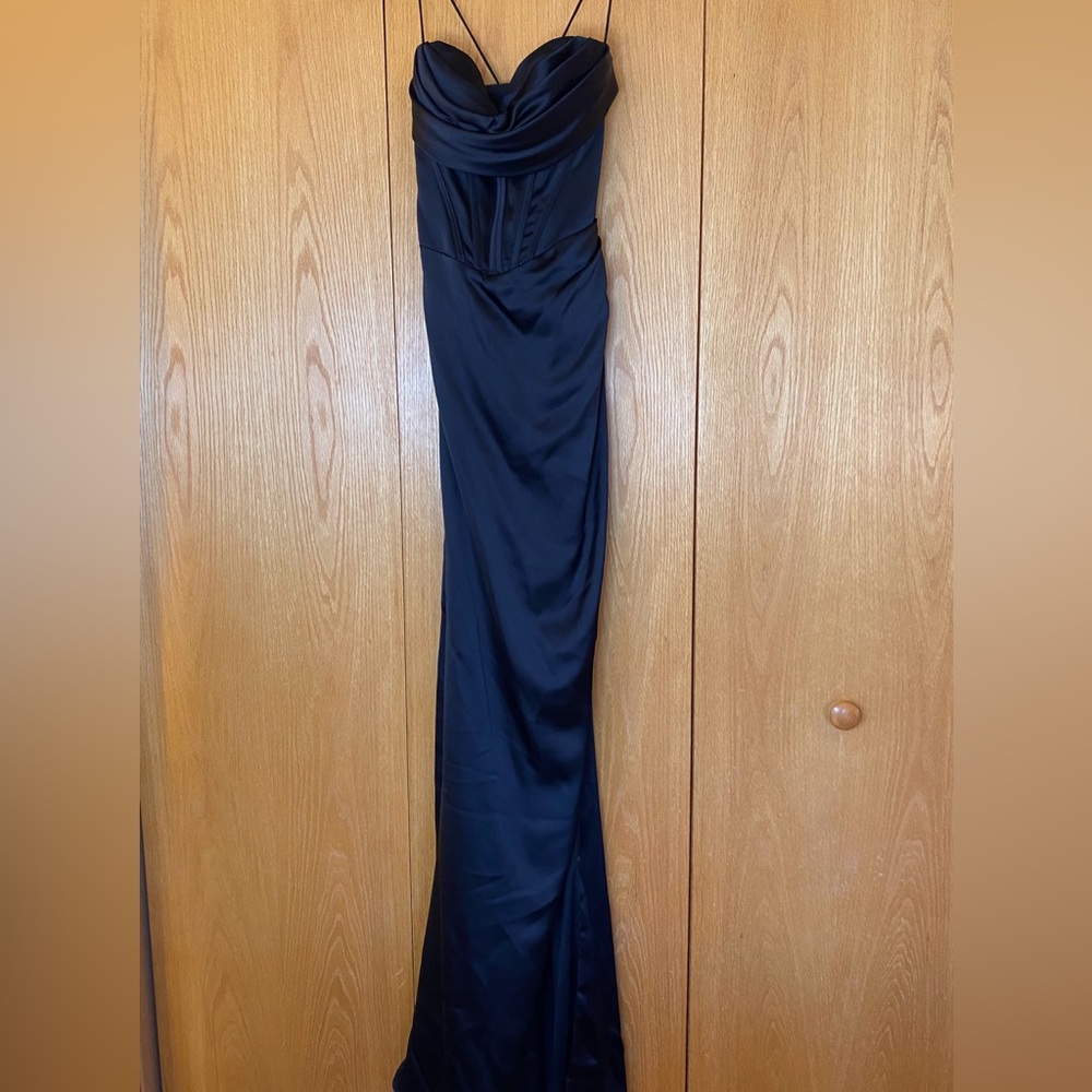 Black satin GB prom dress. Size 5. Fits like a small. Classy corset front.